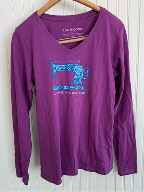 Life Is Good Purple V‑Neck Tee with Blue Sewing Machine Graphic
